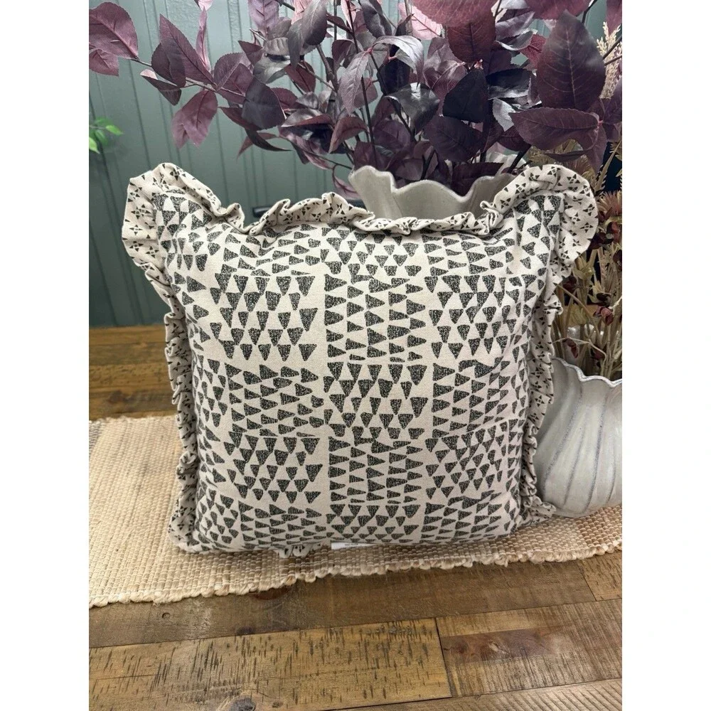 Square Block Print Reversible Pillow with Ruffle Trim Green - Threshold NEW